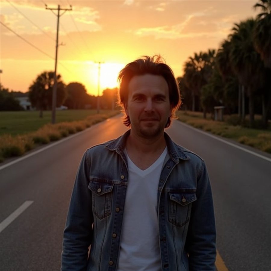 Brennan McMahon on an open road at sunset
